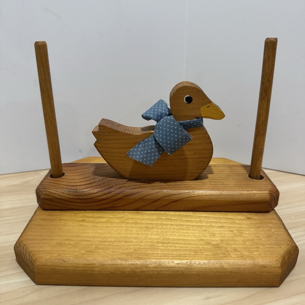 VTG Wood Napkin Holder Adjustable Weighted Bar Duck w/Blue White Polka Dot Bow